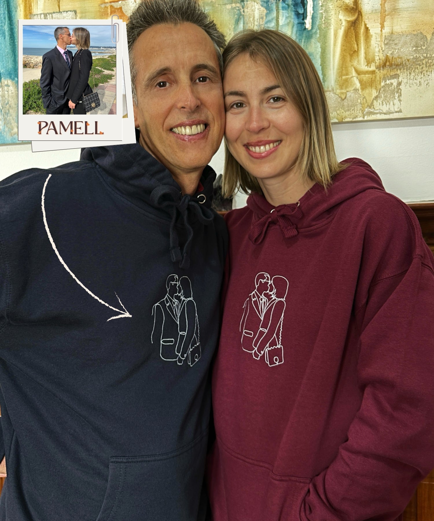 Couple wearing custom embroidered hoodies showcasing a unique design, perfect for cherished memories and heartfelt gifts.