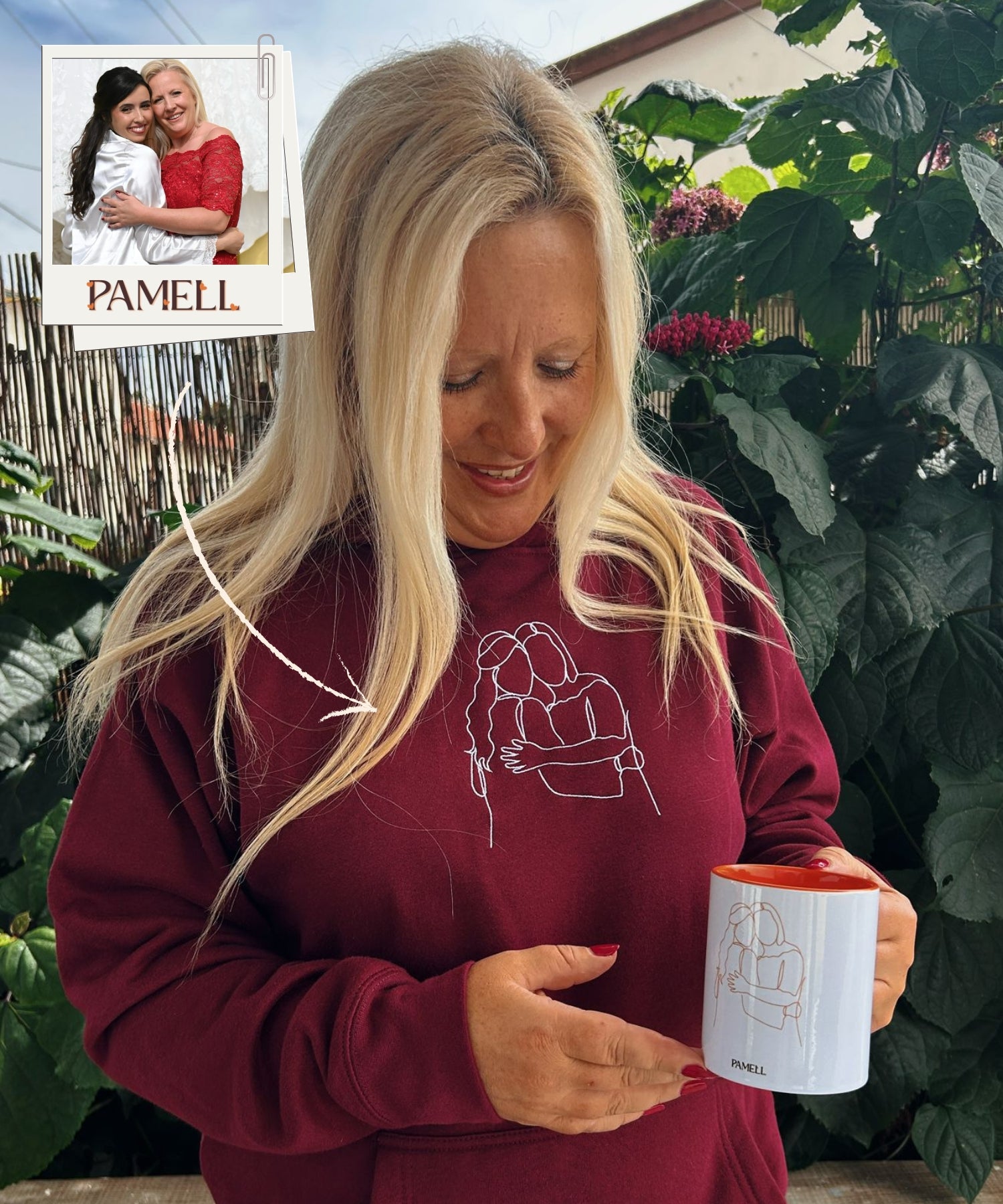 Custom embroidered hoodies featuring a woman holding a mug, showcasing a heartfelt design.