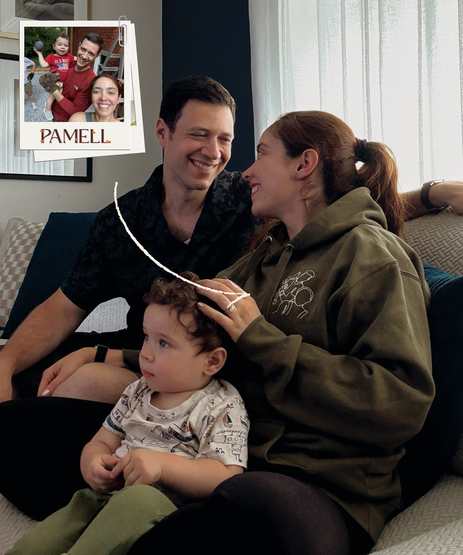 A happy family sitting together, wearing custom embroidered hoodies, sharing a memorable moment at home.